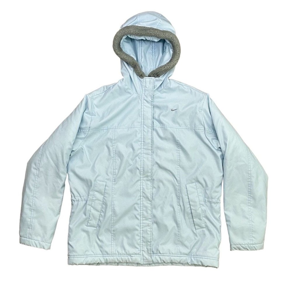GUC Vintage Y2K Nike‎ Women's Sz L Full Zip Faux Fur Trim Hood Light Blue Jacket